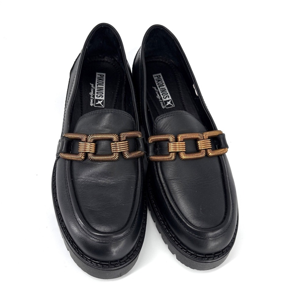 Pikolinos Aviles Black Leather Loafers 6.5 Black Copper Chain Accent EU 37